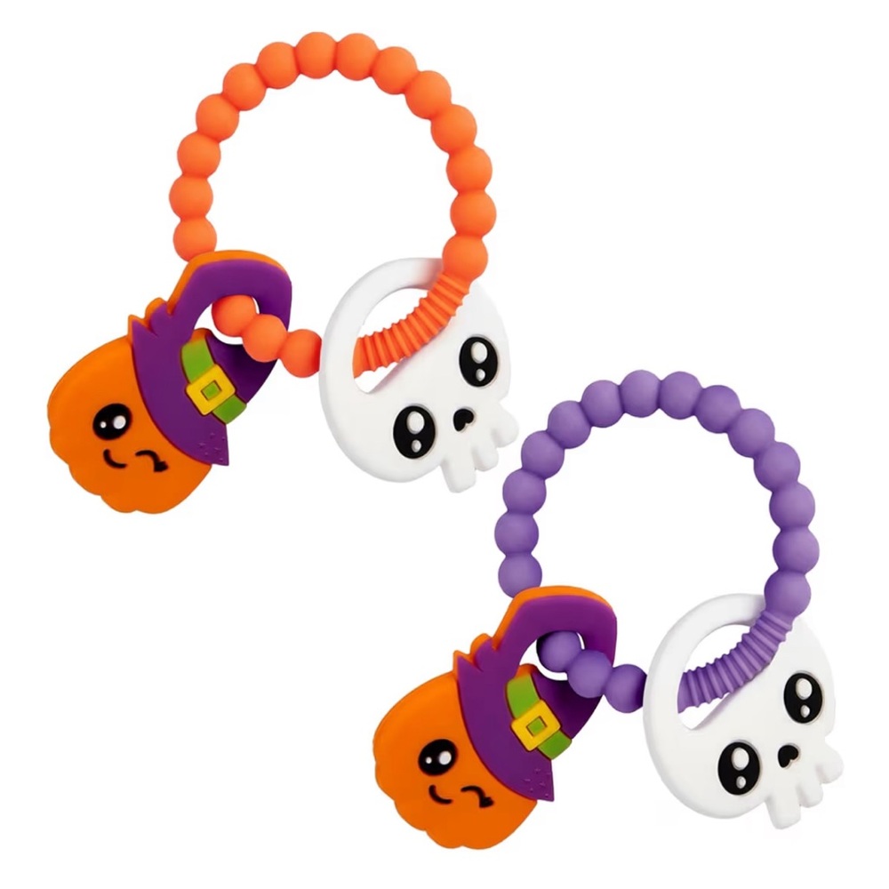 2 Halloween Skull and Pumpkin Teething Toys - Orange and Purple